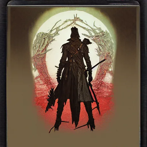 Image similar to an ultra detailed vector image of the hunter from bloodborne trapped in the hunter's dream, concept art by alphonse mucha and greg rutkowski, scary shadows, blood moon eclipse, polaroid octane render, laminal space