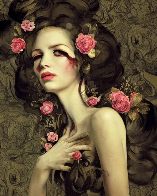 Image similar to a beautiful and eerie baroque painting of a gorgeous but sinister woman in layers of fear, with haunted eyes and wild blonde hair, 1 9 7 0 s, seventies, floral wallpaper, wilted flowers, a little blood, morning light showing injuries, delicate embellishments, painterly, offset printing technique, by brom, robert henri, walter popp