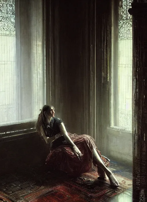 Prompt: a portrait of beautiful woman sitting in the floor, inside a modern apartment, intricate oil painting, hyperdetailed, ominous, ethereal, dramatic lighting, by jeremy mann and ruan jia and lawrence alma - tadema