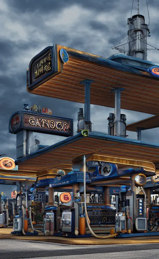 Prompt: steampunk gas station, 4 k, polished, photorealistic, hard edges, zoomed in, very coherent, sharp focus, rim light, exquisite lighting, blue gradient, hard edges, sci - fi, cinematic, octane render