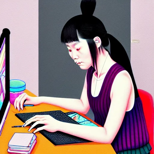 Prompt: full view of indigenous taiwanese girl studying at her computer, in the year 2 0 4 0, style of yoshii chie and hikari shimoda and martine johanna, highly detailed