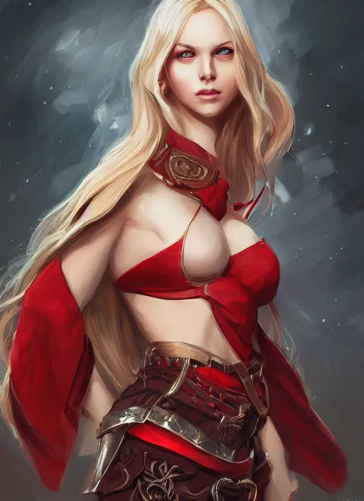 Image similar to a highly detailed illustration of beautiful long dirty blonde haired pale girl wearing red epaulette uniform, red eyes, dramatic seductive pose, curvaceous, intricate, elegant, highly detailed, centered, digital painting, artstation, concept art, smooth, sharp focus, league of legends concept art, WLOP