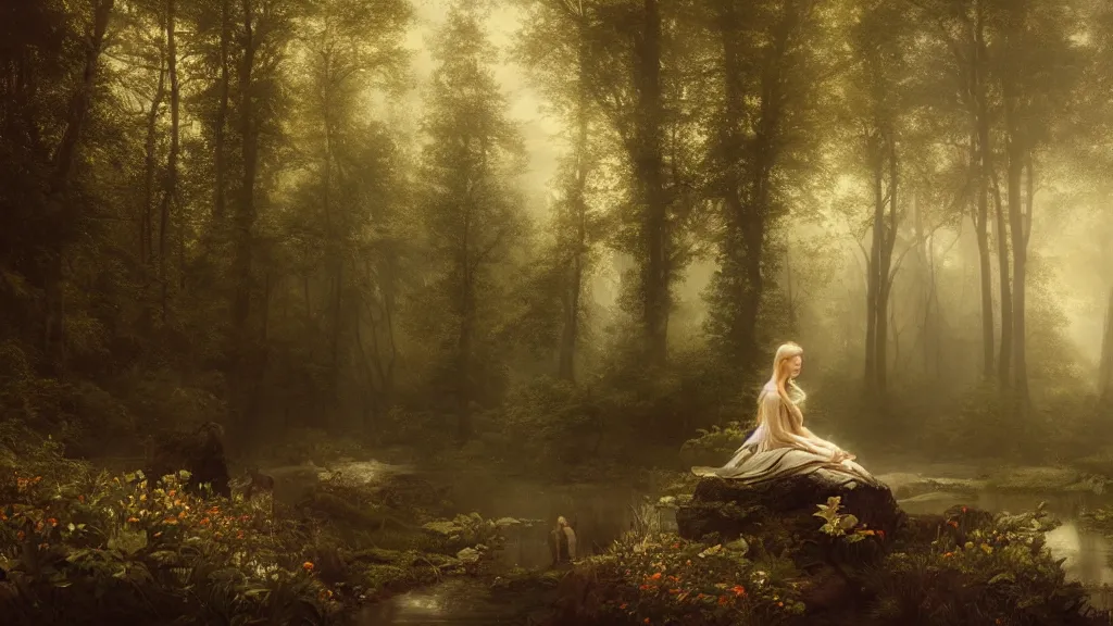 Image similar to elven princess sitting alone, far away, in the melancholy forest. andreas achenbach, artgerm, mikko lagerstedt, zack snyder, tokujin yoshioka