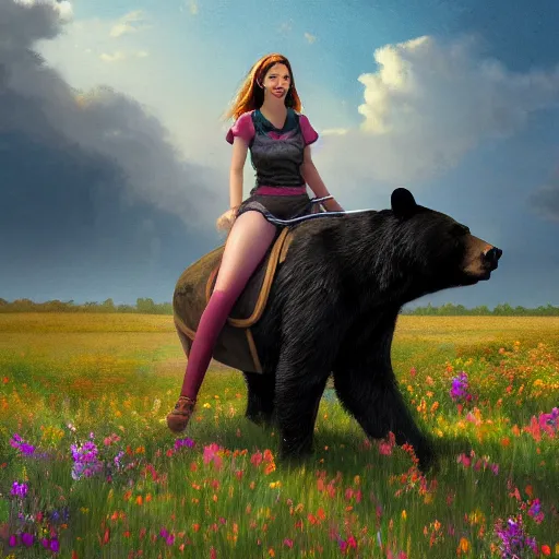 Image similar to girl riding a giant black bear in a field of flowers, trending on artstation