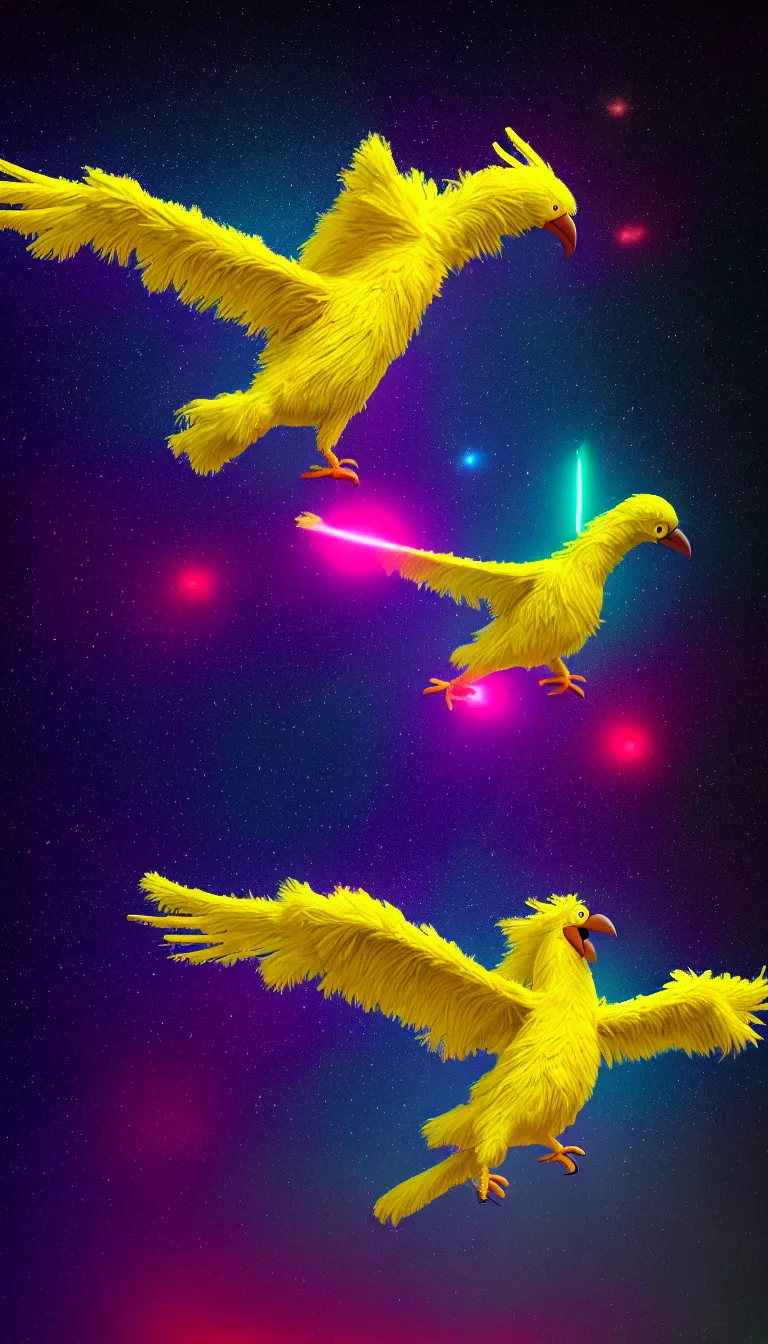 Prompt: highly detailed photo of only one colorful big bird flying in the dark space, all birds head and eye are visible, hyper realistic, concept art, 8 k detail post - processing