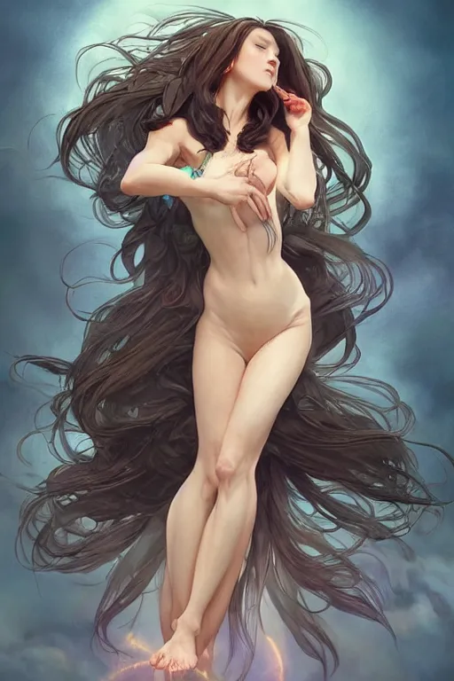 Image similar to full body windy hair zero gravity seductive meditation goddess in the style of artgerm, wlop, greg rutkowski, alphonse mucha and ayami kojima, realistic details, volumetric lighting, very very very very beautiful symmetrical face, trending on artstation, artstationhd, artstationhq, unreal engine, 4 k, 8 k