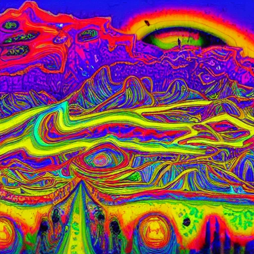 Image similar to crazy psychedelic landscape full of ghosts, utopia