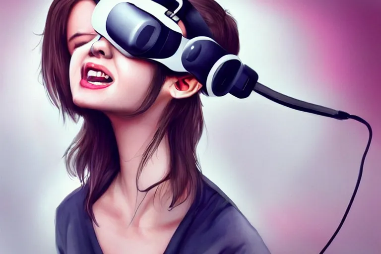 Image similar to a woman with a vr headset has a pill on her tongue and is hallucinating by artgerm, trending on artstation