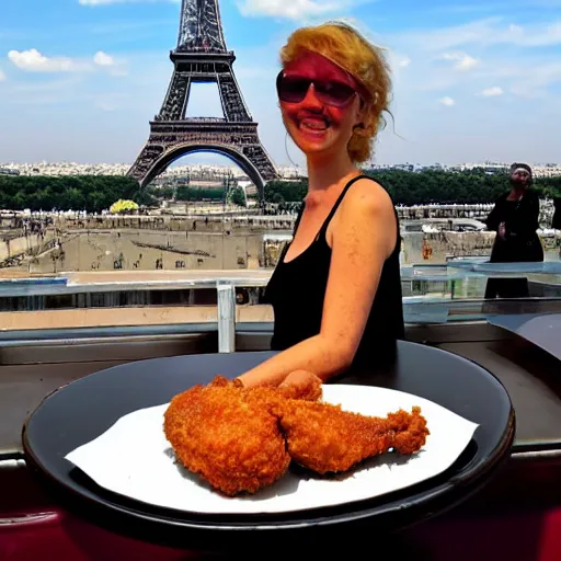 Prompt: fried chicken on top of the eiffel tower