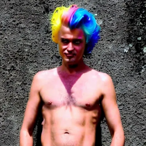 Prompt: geert wilders with rainbow colored hair, shirtless, crazy eyes
