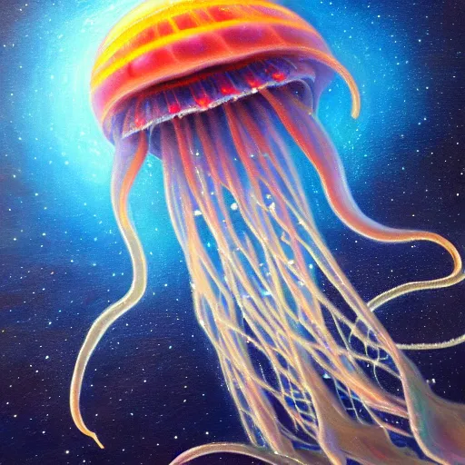 Image similar to powerful stern god of jellyfish metaverse made of ancient magic technology, galactic nebular astral realm sacred journey in oil painting, trending on artstation, award winning, emotional, highly detailed surrealist art