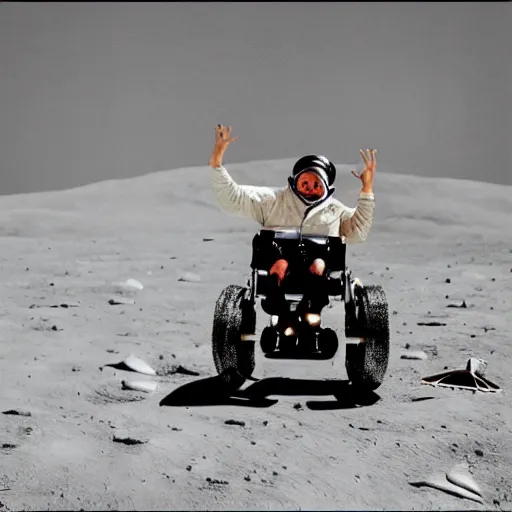 Prompt: midget in a wheelchair on the moon jumping a ramp, national geographic photo