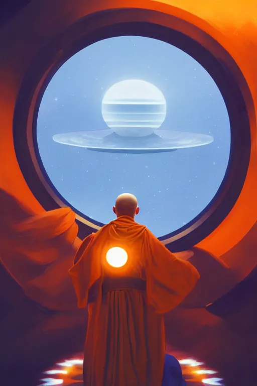 Image similar to portrait of a monk in a spaceship, round window, exploding star, orange robe, dramatic lighting, artstation, matte painting, ralph mcquarrie