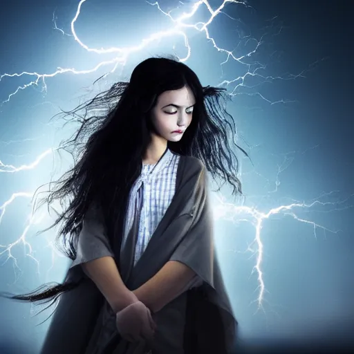 Prompt: mysterious young girl child with her long black hair dressed in a chequered robe, mysterious young girl is walking in strong wind and lightning storm, epic scene, atmospheric, surrounded by magical light, digital art, hd, 4 k, hyper detailed