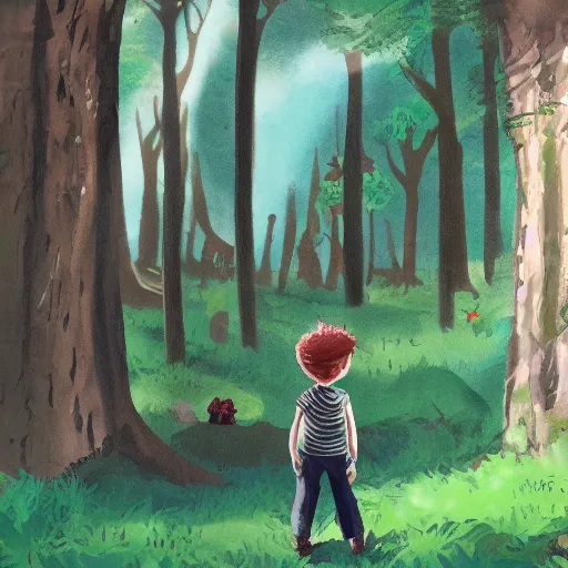 Prompt: little boy lost in the magical forest, concept art