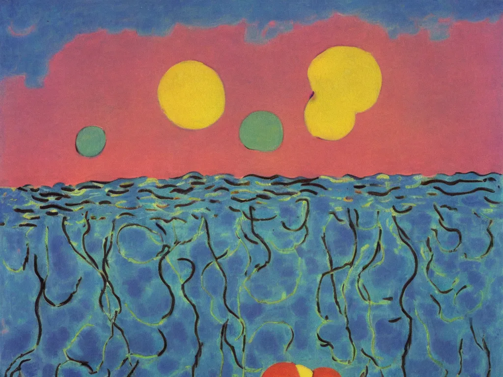 Prompt: jellyfish grow in the ground, elegant, vigorous, sunset, ocean land, moon, by henri matisse