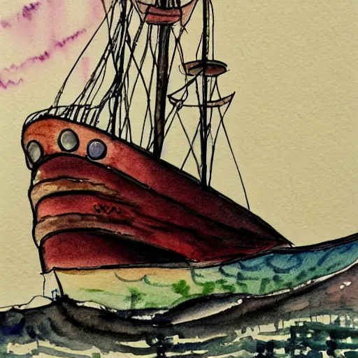 Prompt: a viking snail, on a ship at sea. watercolor painting