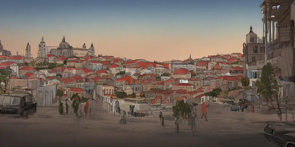 Image similar to back to the summer of the city of lisbon, concept art, pastel soft colors, in the style of danny mcbride, knyazev konstantin