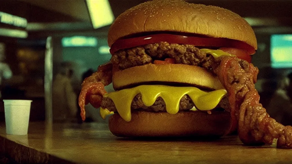 Image similar to the garbly cheeseburger creature at the fast food place, film still from the movie directed by denis villeneuve and david cronenberg with art direction by salvador dali and zdzisław beksinski, wide lens