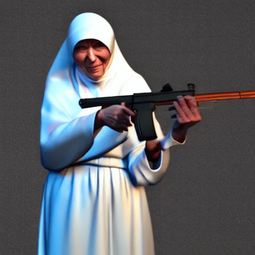 Image similar to pov mother theresa pointing a submachine gun at the camera, 3d model, hyperrealistic, dynamic shadows, dynamic lighting