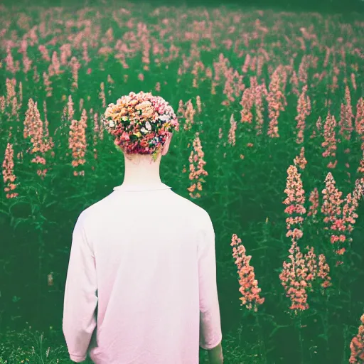 Image similar to kodak portra 4 0 0 photograph of a skinny blonde goth guy standing far back in a field of flowers, back view, flower crown, moody lighting, telephoto, 9 0 s vibe, blurry background, vaporwave colors, faded!,