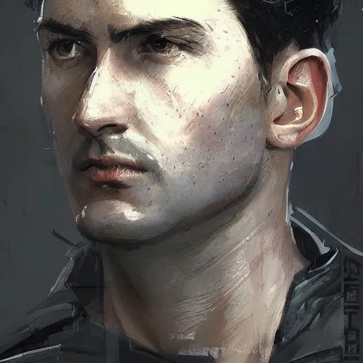 Prompt: portrait of a man by greg rutkowski, british features, short black hair in military style, perfect military composure, wearing an starfighter pilot uniform of the galactic republic, star wars expanded universe, he is about 2 0 years old, highly detailed portrait, digital painting, artstation, concept art, smooth, sharp foccus ilustration, artstation hq