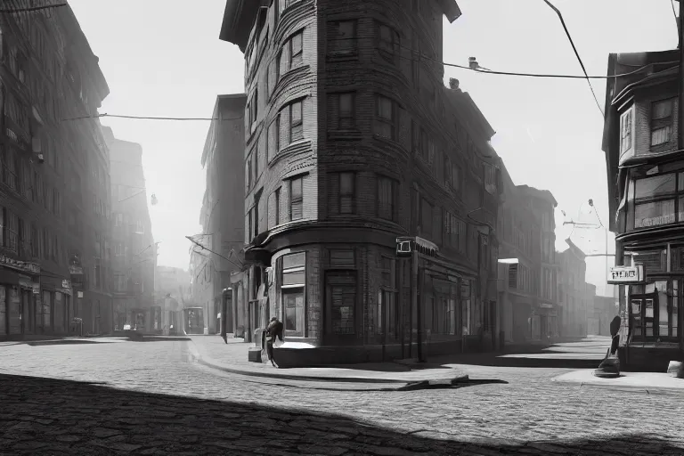 Image similar to still photo of a 1 9 0 0 s street, film noir, black and white color aesthetic, highly detailed, photorealistic portrait, bright studio setting, studio lighting, crisp quality and light reflections, unreal engine 5 quality render