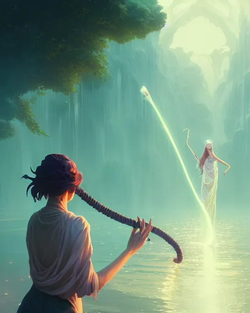 Image similar to highly detailed vfx portrait of a mage casting a water spell, unreal engine, greg rutkowski, loish, rhads, beeple, makoto shinkai and lois van baarle, ilya kuvshinov, rossdraws, tom bagshaw, alphonse mucha, global illumination, detailed and intricate environment