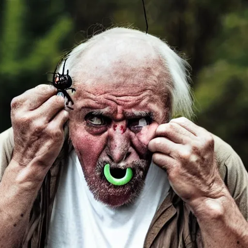 Image similar to National Geographic photo of angry old man with spiders in his mouth