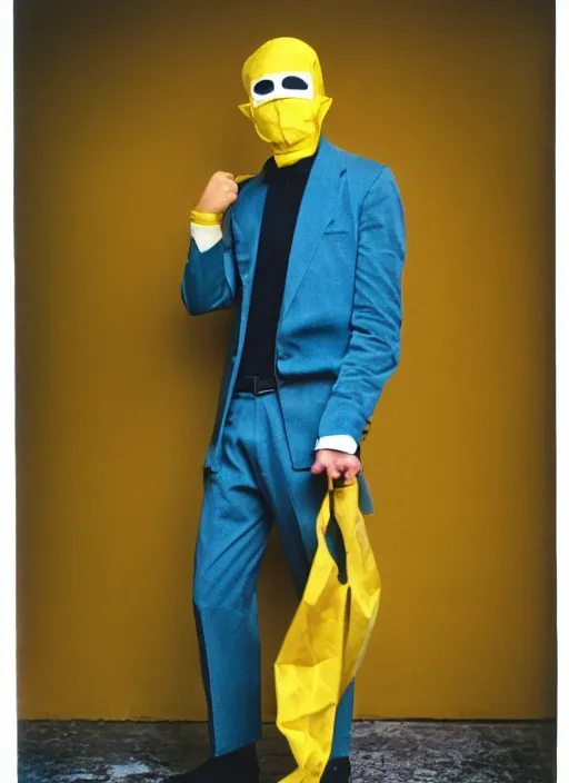 Image similar to a fashion portrait photograph of a man wearing a yellow mask designed by jean paul gaultier, 3 5 mm, color film camera, pentax