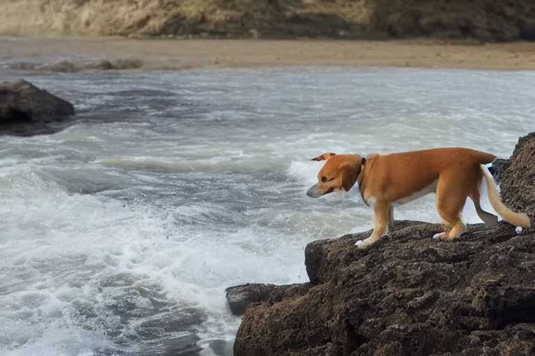 Image similar to a puppy is looking directly at the wavy water current below it while it stands at an edge of a cliff