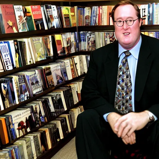 Prompt: 2 0 0 3 john lasseter wearing a black suit and necktie and black shoes sitting in a chair with his legs crossed in a bookstore. he has his hand resting on the ankle of the crossed leg