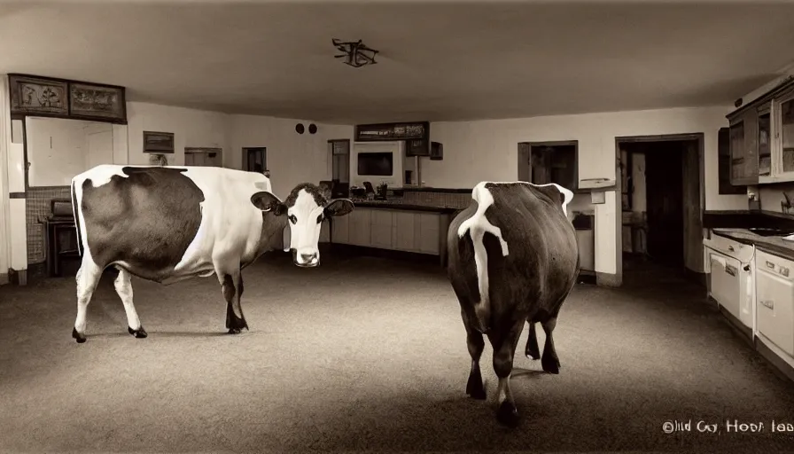 Image similar to a giants cow in a stalinist style kitchen, by mini dv camera, very very low quality, heavy grain, very blurry, accidental flash, caught on trail cam