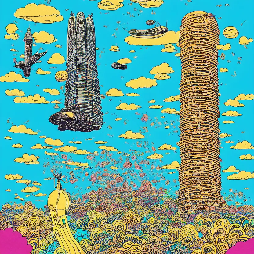 Image similar to surreal glimpse into other universe, mahanakorn tower with airship floating n the sky, summer morning, very coherent and colorful high contrast, art by!!!! joan miroi!!!!, geof darrow, floralpunk screen printing woodblock, dark shadows, hard lighting, stipple brush technique,