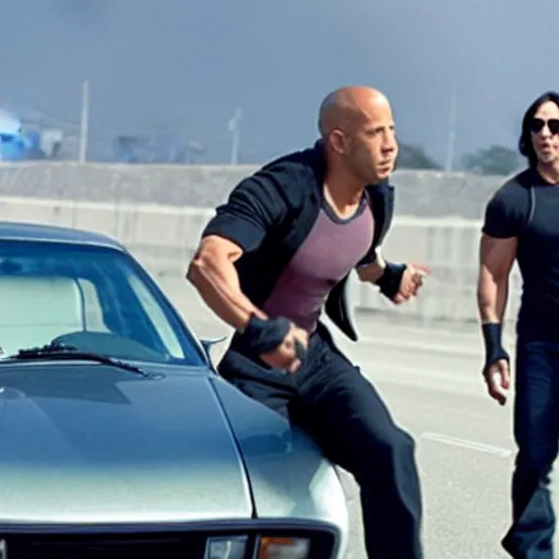 Prompt: film still of Vin Diesel as Domenic Toreto and Keanu Reeves as Brian O’Conner in a high speed chase in Fast and the Furious