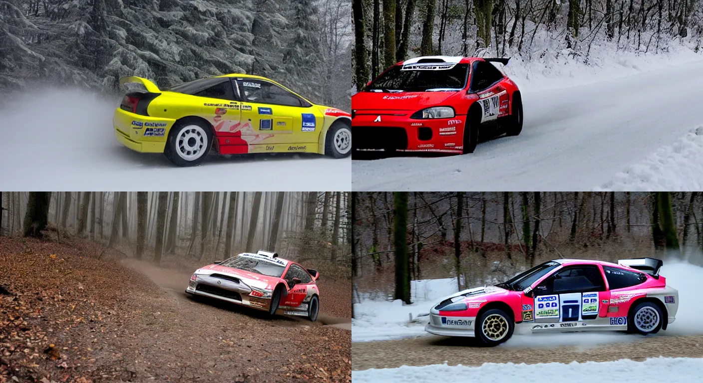 Prompt: a 2 0 0 3 mitsubishi eclipse gts, racing through a rally stage in a snowy forest