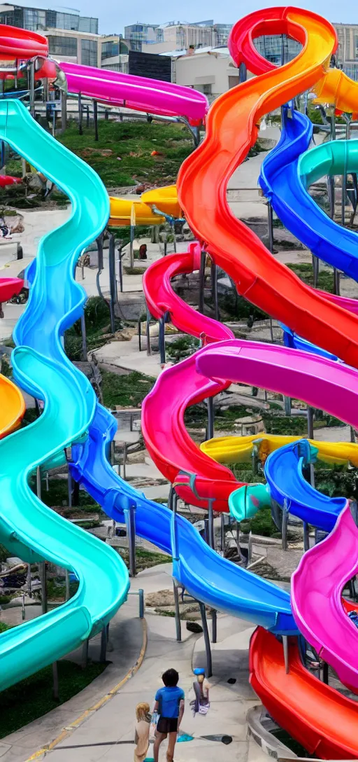 Image similar to waterslides of multiple colors crossing over eachother, infinite waterslides,