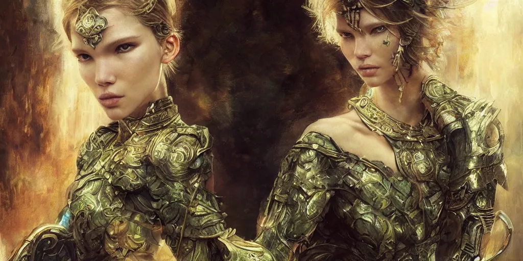 Image similar to epic masterpiece portrait of warrior played by sasha luss, followed by head with many souls, beautiful face and flawless skin, perfect hands, emeralds by Edgar Maxence and Ross Tran and Michael Whelan