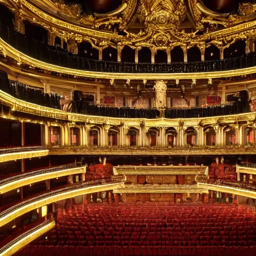 Image similar to high quality, high detail, vienna operahouse interior, burning jungle set design, photorealistic lighting