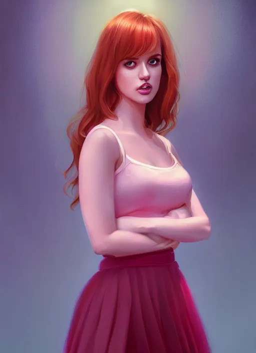 Image similar to full body portrait of teenage cheryl blossom, bangs, green eyes, sultry expression, red hair, sultry smirk, bangs and wavy hair, pink skirt, fat, intricate, elegant, glowing lights, highly detailed, digital painting, artstation, concept art, smooth, sharp focus, illustration, art by wlop, mars ravelo and greg rutkowski