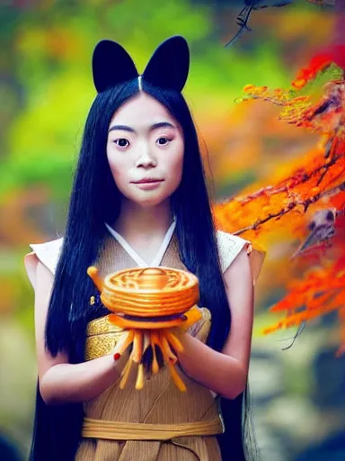 Prompt: full - color instagram photo of a cute young japanese girl cosplaying as a kitsune goddess doing a ritual dance in a windy inari shinto shrine in kyoto full of autumn leaves. she has fox - ears, a fox - tail, hands that are fox - paws, sharp fox - teeth, and a fox - nose. highly - detailed ; professional portrait photography.