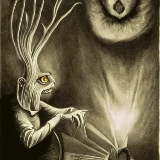 Image similar to Alice in Wonderland petting the head of the cheshire cat by Remedios Varo, dramatic lighting lighting