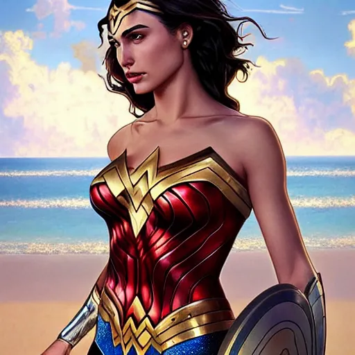 Prompt: Ultra realistic illustration, Gal Gadot as Wonder Woman at the beach, intricate, elegant, highly detailed, digital painting, artstation, smooth, sharp focus, illustration, art by artgerm and greg rutkowski and alphonse mucha