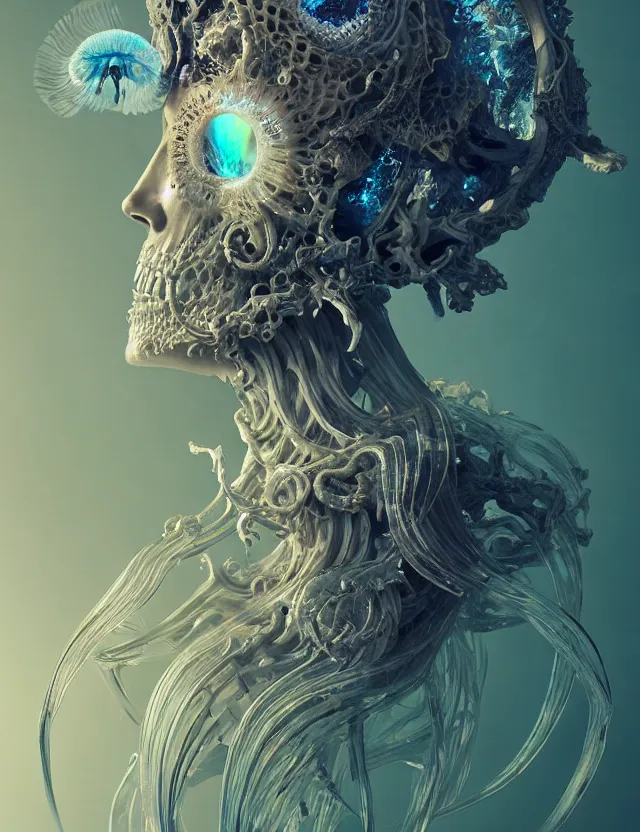 Image similar to goddess close - up portrait wigh crown made of ram skull. betta fish, jellyfish skeleton phoenix, bioluminiscent, plasma, ice, water, wind, creature, super intricate ornaments artwork by tooth wu and wlop and beeple and greg rutkowski