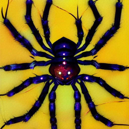 Prompt: a painting of symetrical spider seen from above, made of multicolored crystals, fantasy art, realistic