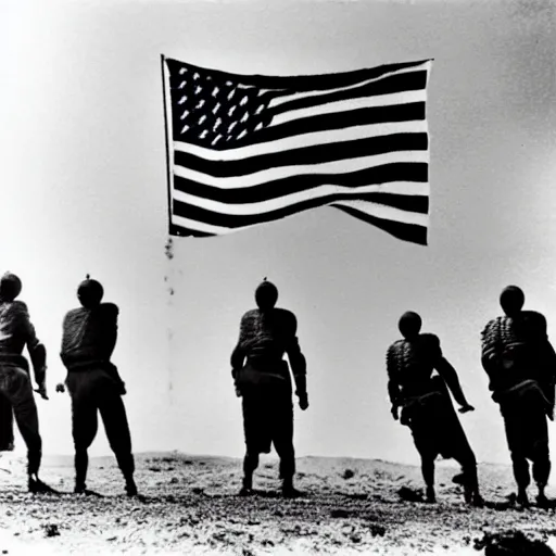 Prompt: corbis archival photo of robots raising an American flag a Iwo Jima taken by Joe Rosenthal