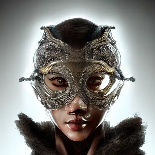 Image similar to Very highly detailed epic photo of face with venetian mask, intricate, dystopian, sci-fi, extremely detailed, digital painting, artstation, concept art, smooth, sharp focus, illustration, intimidating lighting, incredible art by Artgerm, ultra details, 8k
