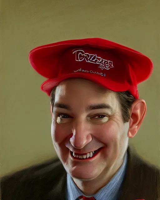 Image similar to closeup portrait of whimsical conniving ted cruz wearing a red maga cap, court jester in renaissance era,, masterpiece, by donato giancola and greg rutkowski and wayne barlow and zdzisław beksinski, high contrast, realistic face