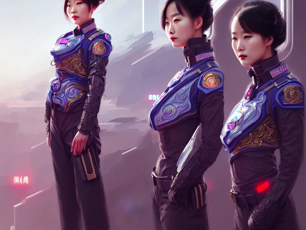 Prompt: portrait futuristic china police uniform female, at future neon light rooftop, ssci - fi and fantasy, intricate and very very beautiful and elegant, highly detailed, digital painting, artstation, concept art, smooth and sharp focus, illustration, art by tan zi and ayanamikodon and alphonse mucha and wlop