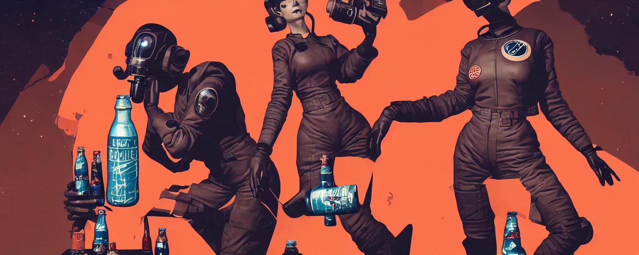 Image similar to duotone noir retrofutiristic concept illustration 3 / 4 portrait of vintage female fallout 4 model in retro space suit advertising bottles nuka cola. accidental renaissance. by sachin teng and sergey kolesov and ruan jia and heng z. graffiti art, scifi, fantasy, hyper detailed. octane render. concept art. trending on artstation